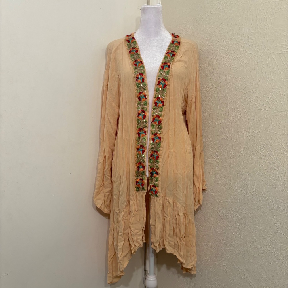 Rocks & Indigo Yellow Floral Embroidered Sequin Duster Cardigan Fairy Boho L